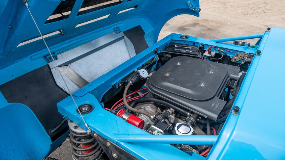 The engine inside a 1975 Lancia Stratos HF Stradale rally car.