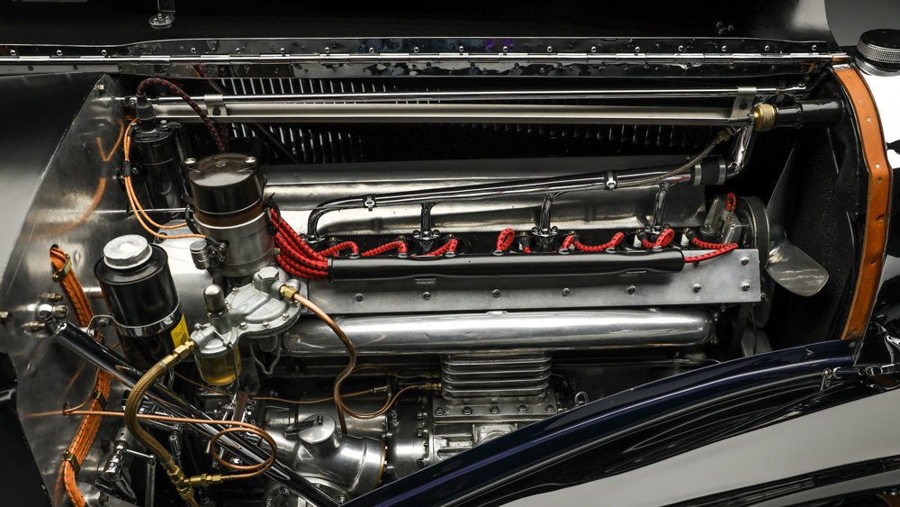 The 160 hp, 3.3-liter inline-eight engine inside a 1938 Bugatti Type 57S Atalante Coupé.