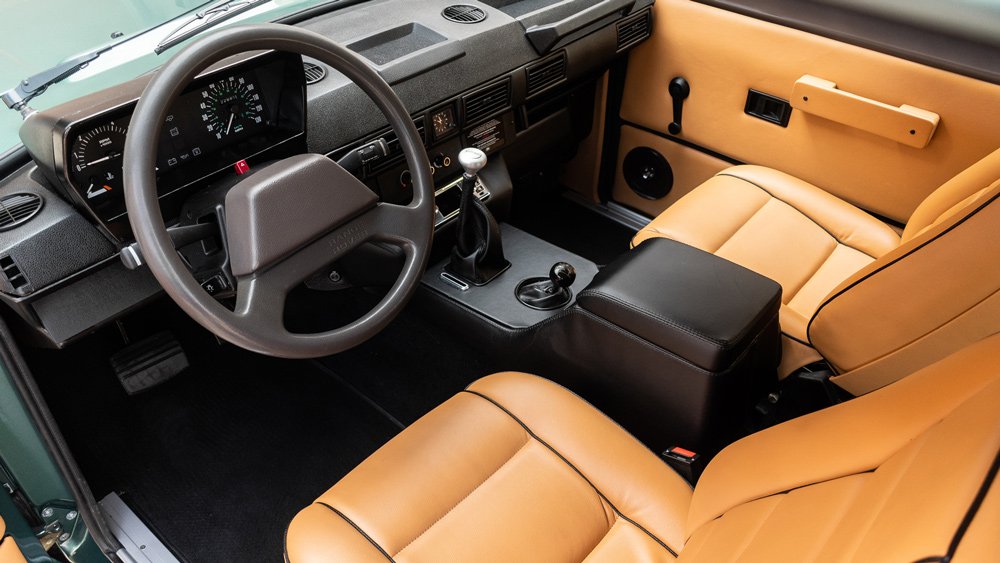 The interior of a 1991 Range Rover Classic restomod.