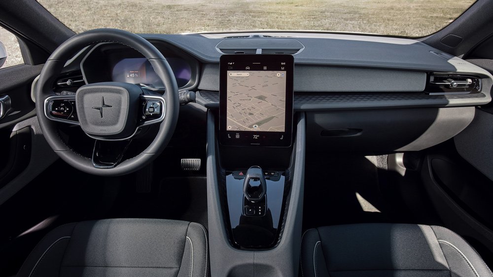 The interior of the 2022 Polestar 2 electric vehicle.