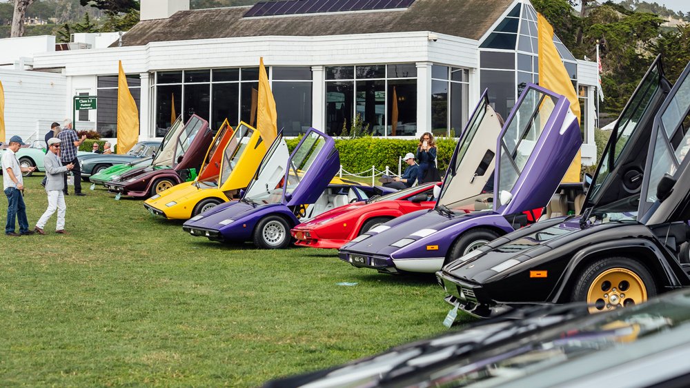The Lamborghini Countach 50th Anniversary class at the 2021 Pebble Beach Concours d'Elegance.