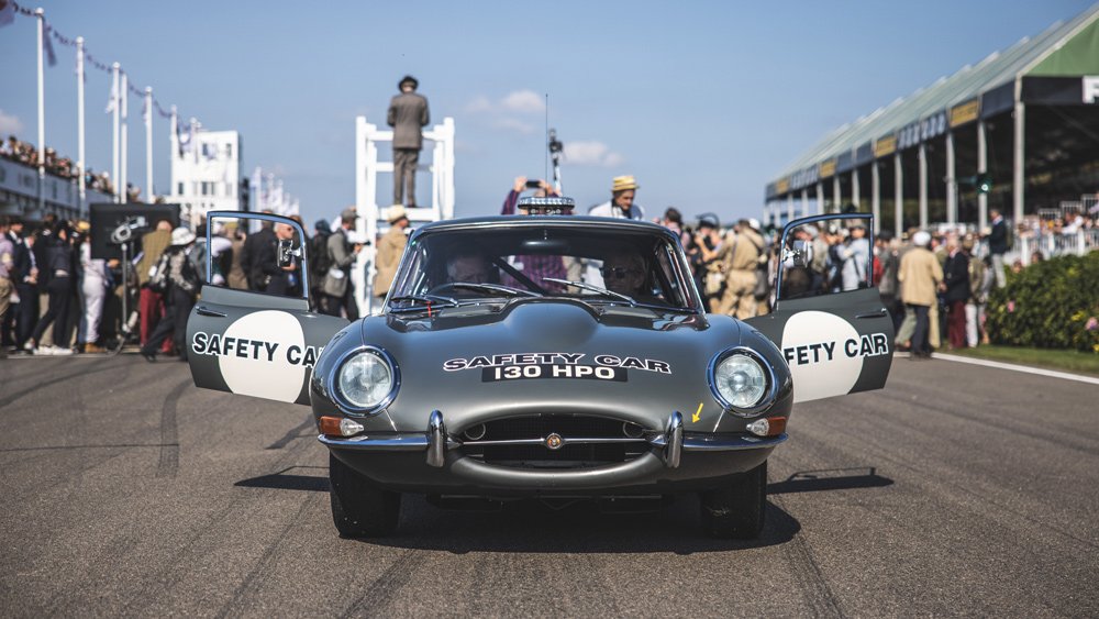 A Jaguar E-type is used as the safety car during the races at the 2021 Goodwood Revival.
