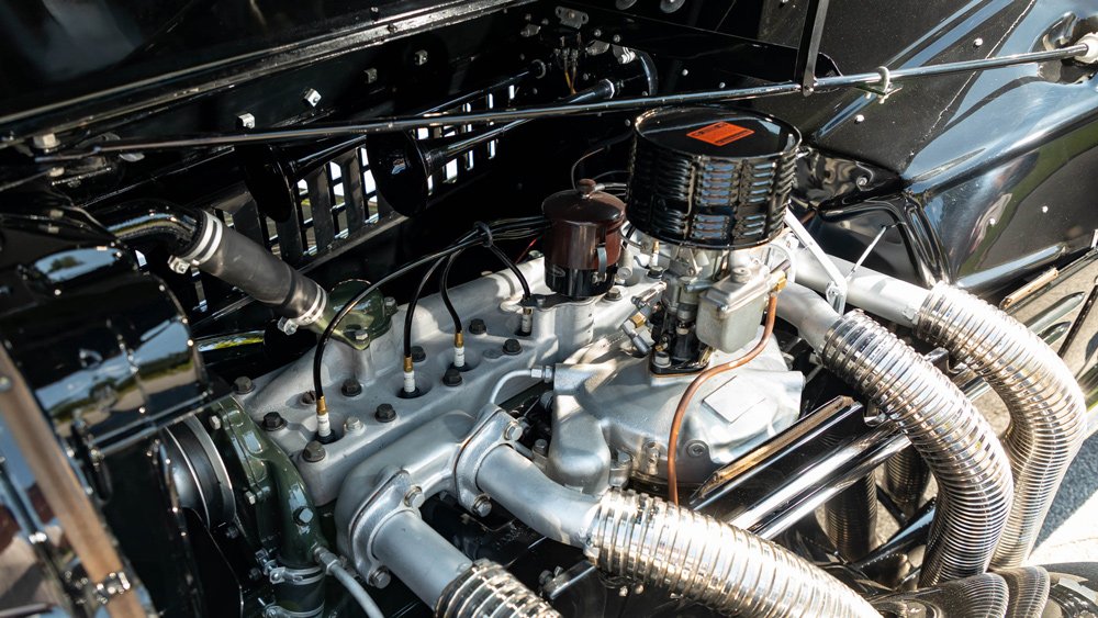 The 150 hp, 4.5-liter straight-eight engine inside a 1935 Auburn 851 Supercharged Speedster.