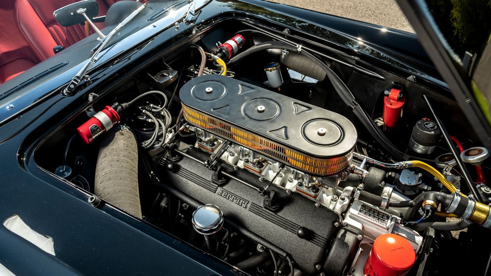 The engine inside GTO Engineering's replica of the Ferrari 250 GT SWB California Spyder.