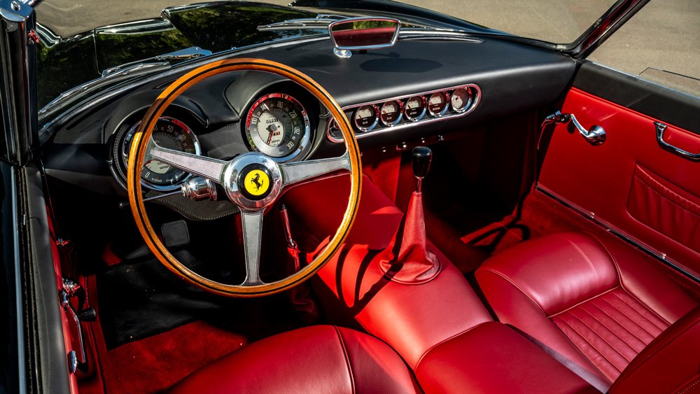 The interior of GTO Engineering's replica of the Ferrari 250 GT SWB California Spyder.