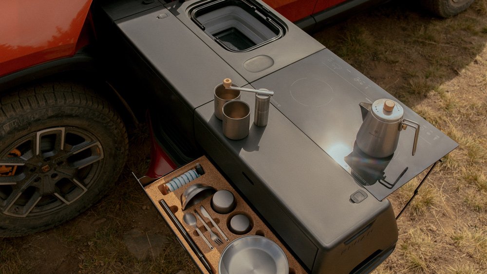 The camp-kitchen set that is offered with the Rivian R1T electric truck.