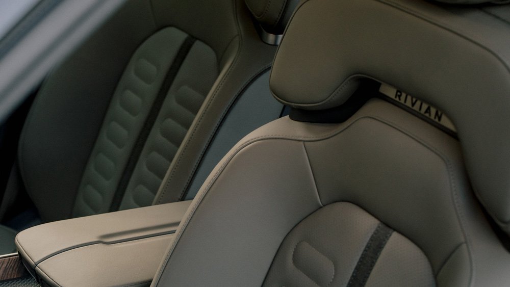 A detail of the Rivian R1T electric truck's interior.