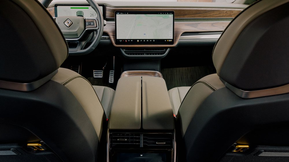 The interior of the Rivian R1T electric truck.