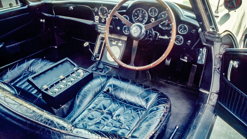 The interior of the original Aston Martin DB5 driven by actor Sean Connery in the James Bond film