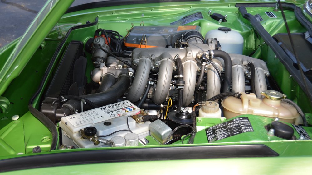The 3,153 cc inline-six engine inside a 1975 BMW 3.0 CSL.