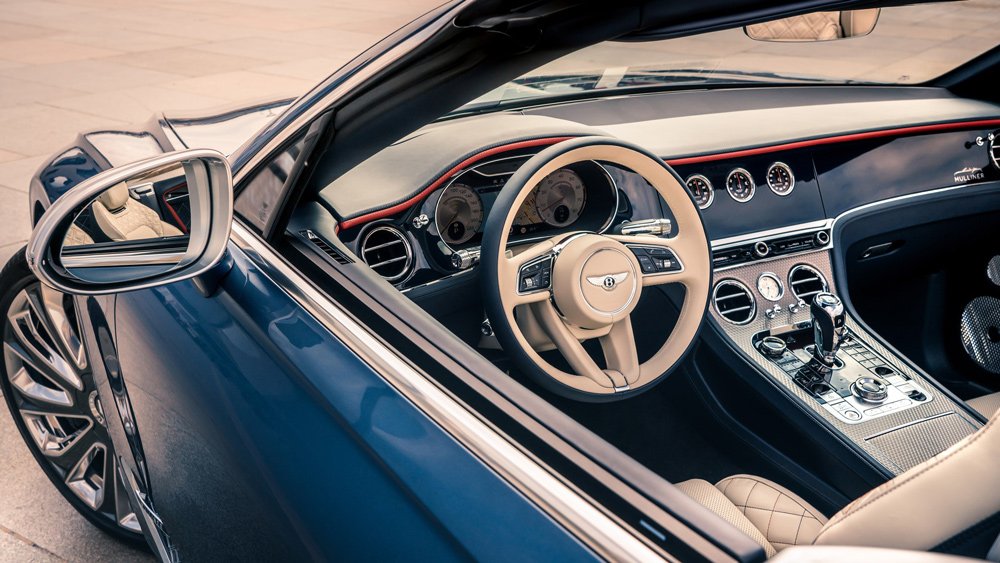 The interior of a 2021 Bentley Continental GTC Mulliner.