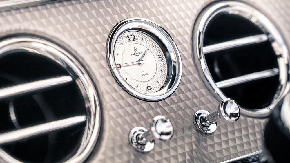 A deatil of the dash on a 2021 Bentley Continental GTC Mulliner.