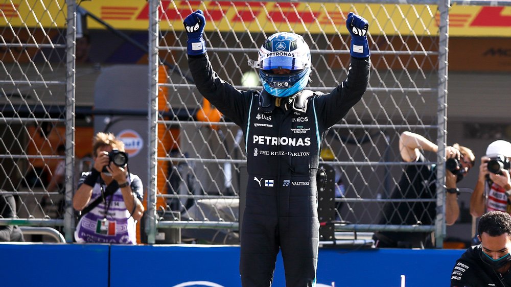 Valtteri Bottas, of Mercedes-AMG Petronas, celebrates earning pole position for the 2021 Mexico City Grand Prix.