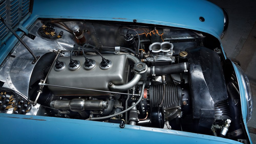 The engine inside a A 1950 Gordini Type 18S once raced by Juan Manuel Fangio at Le Mans.