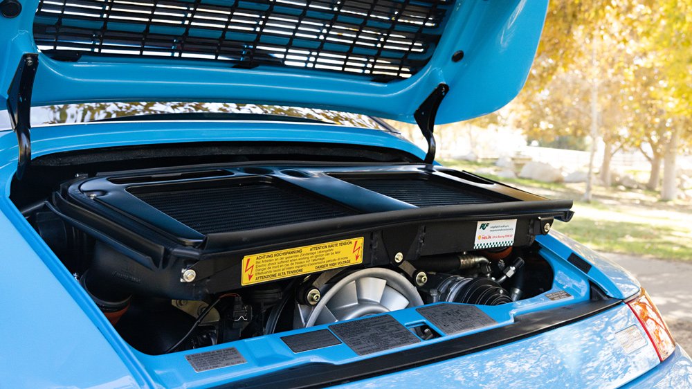 The 625 hp, twin-turbo flat-six engine inside a 1998 Ruf Turbo R Limited.
