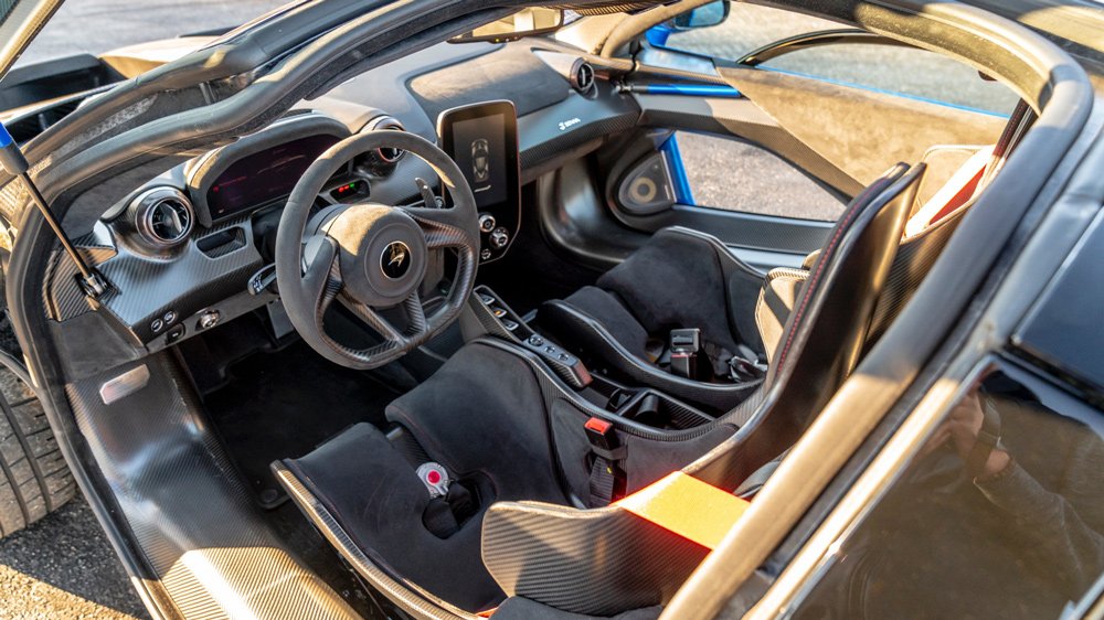 The interior of a 2019 McLaren Senna supercar.