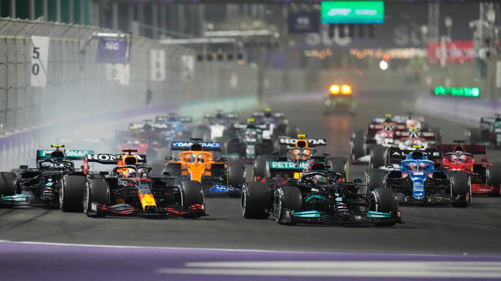 The restart of the 2021 Saudi Arabian Grand Prix, with Lewis Hamilton in front.