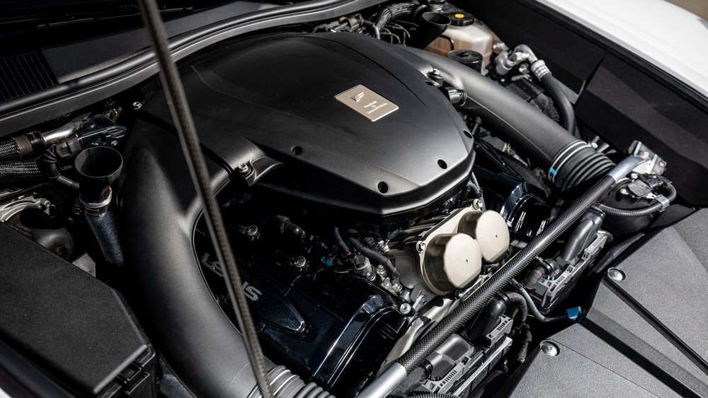 The V-10 engine inside a 2012 Lexus LFA supercar.