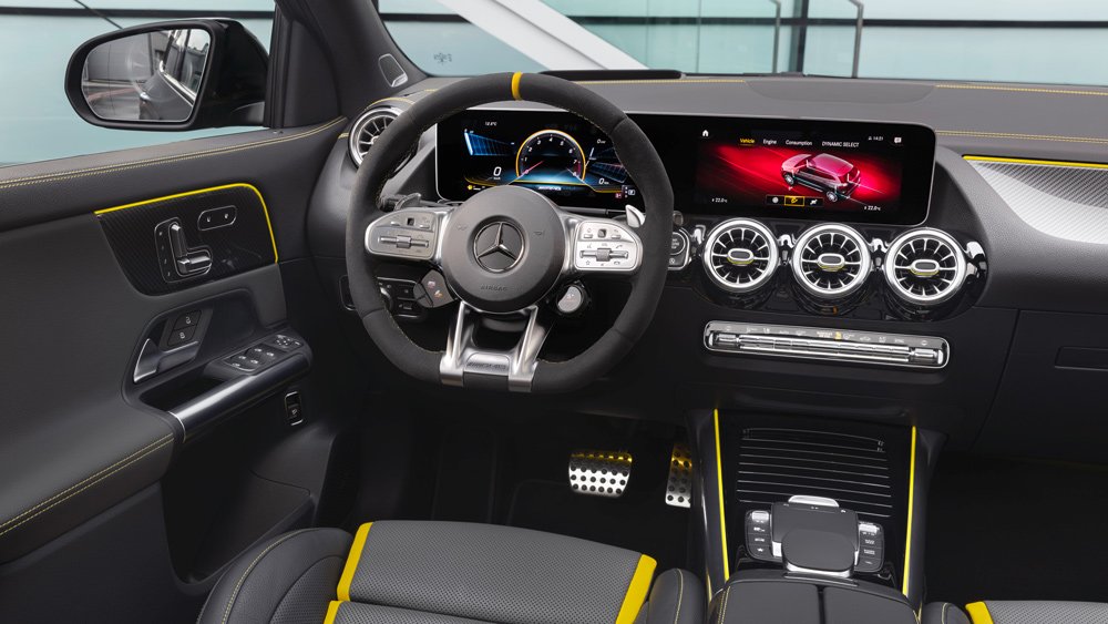 The interior of the Mercedes-AMG GLA 45 4MATIC+ sport utility vehicle.
