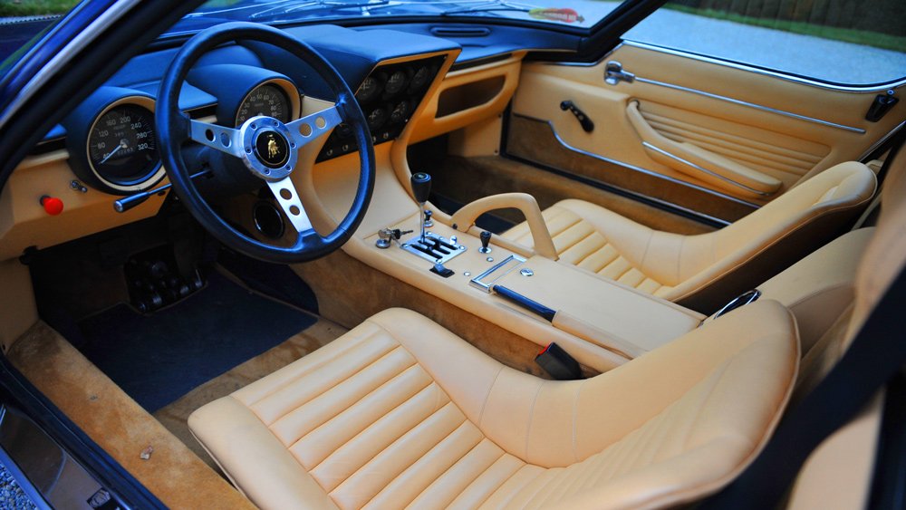 The interior of a restored 1968 Lamborghini P400 Miura.