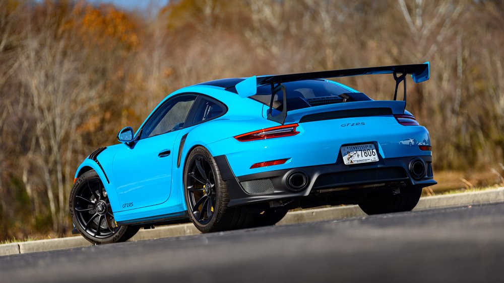 A 2019 Porsche 911 GT2 RS in Miami Blue.