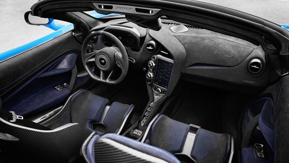 The cockpit of the McLaren 765LT Spider supercar.
