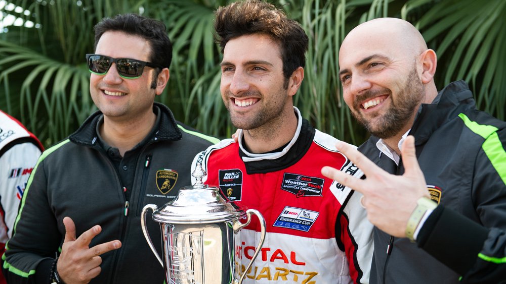 Giorgio Sanna (right) and Andrea Caldarelli (middle) celebrate third consecutive win at Daytona in 2020.