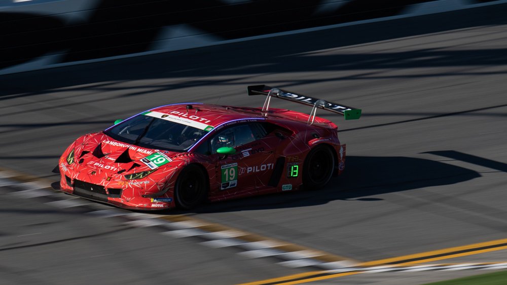One of TR3 Racing's Lamborghini Huracán GT3 EVO race cars at the Daytona International Speedway.