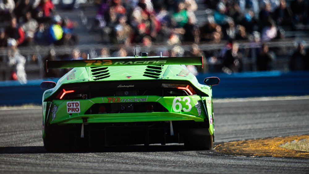One of TR3 Racing's Lamborghini Huracán GT3 EVO race cars at the Daytona International Speedway.