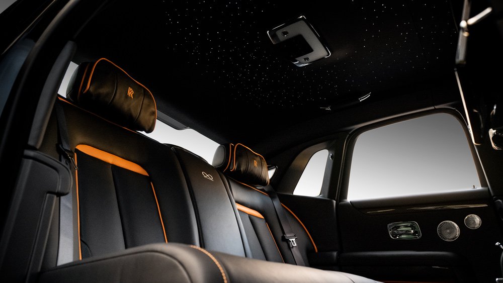The rear interior of the Rolls-Royce Black Badge Ghost.