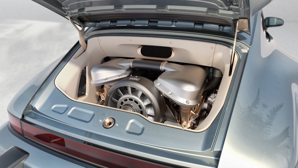 The revised engine inside a Porsche 964 reimagined with results from the Turbo Study from Singer Vehicle Design.