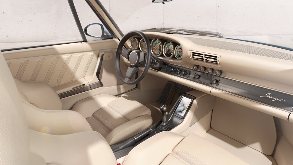 The interior of a Porsche 964 reimagined with results from the Turbo Study from Singer Vehicle Design.