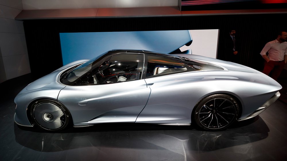 The McLaren Speedtail Concept being presented at the Geneva International Motor Show in 2019.