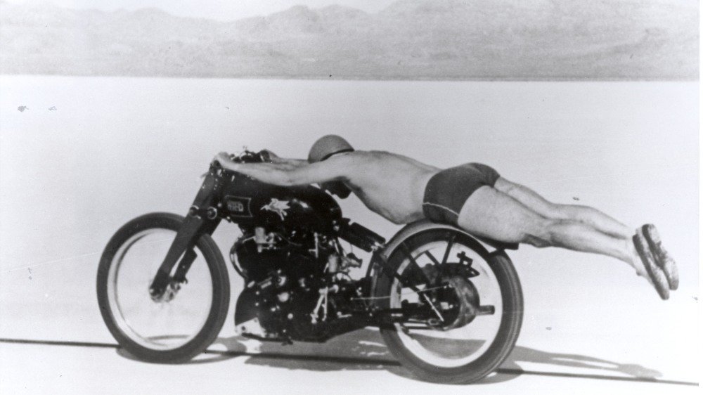 Rollie Free stretched over the tank in his briefs in order to achieve a record-breaking 150.313 mph at the Bonneville Salt Flats in 1948.