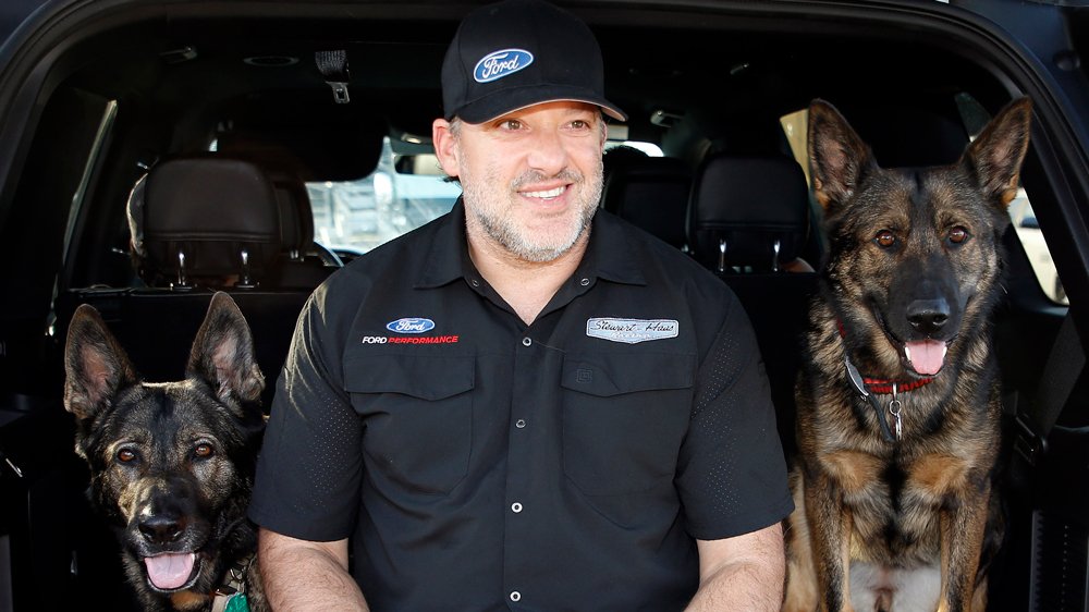 Tony Stewart with his dogs Max and Mia.