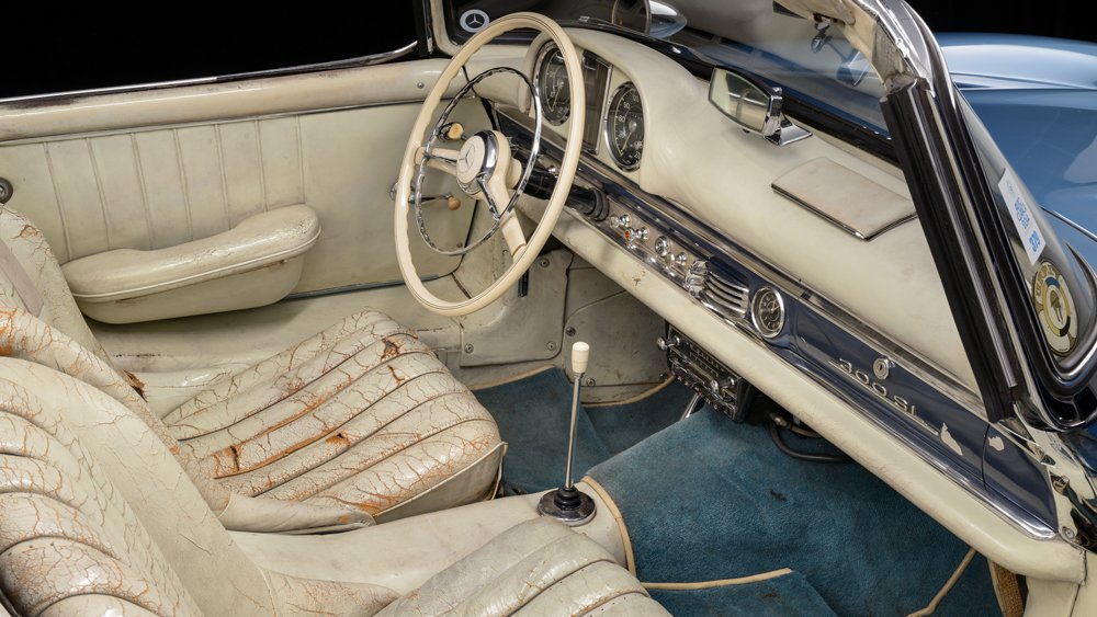 The unrestored interior of the Mercedes-Benz 300 SL Roadster once owned by racing great Juan Manuel Fangio.
