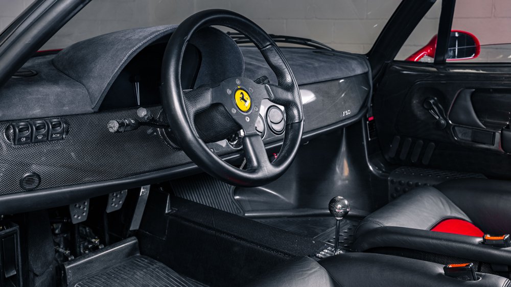 The interior of a 1996 Ferrari F50.