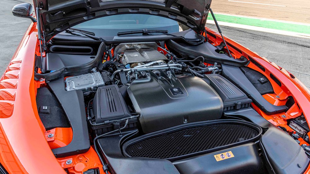 The 720 hp, twin-turbo 4.0-liter AMG V-8 inside the Mercedes-AMG GT Black Series.