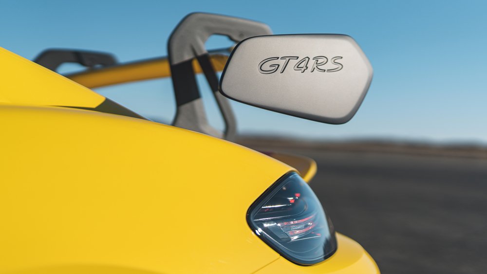 The three-stage, swan-neck rear spoiler on the Porsche 718 Cayman GT4 RS.