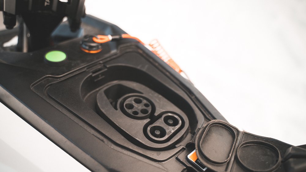 A close-up of the all-electric Taiga Nomad snowmobile.