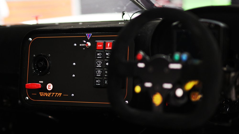 Inside the cockpit of the Ginetta G56 GTA race car.