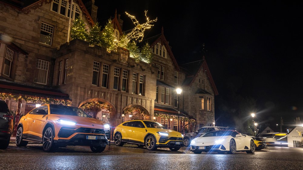 A convoy of Lamborghinis during a road trip through the Scottish Highlands.