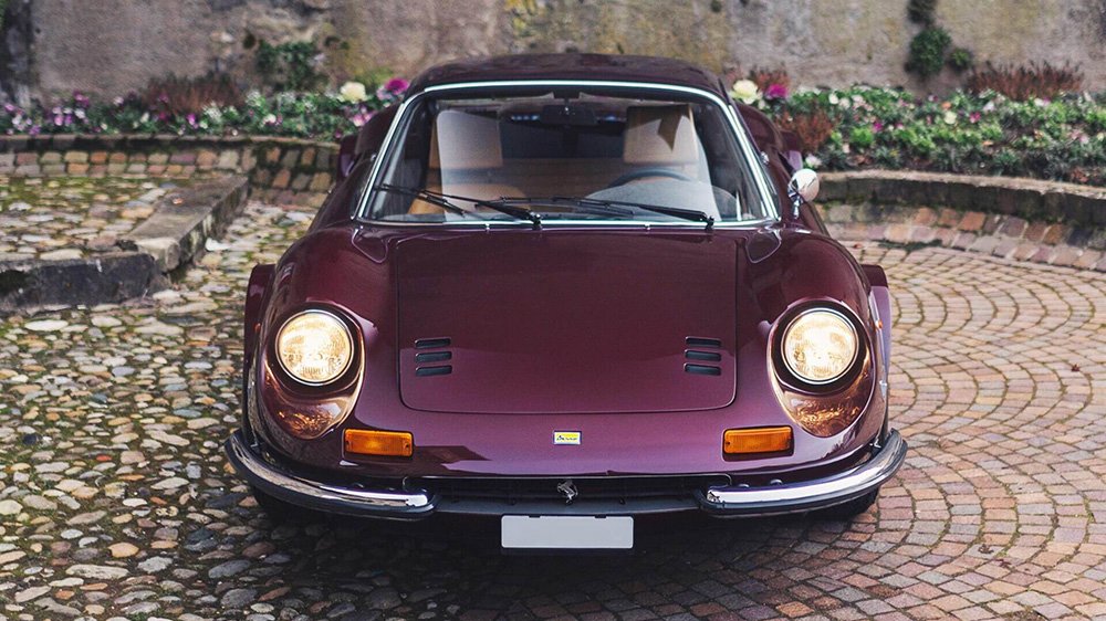 The 1973 Ferrari Dino 246 GTS “Chairs & Flares” by Scaglietti from the front