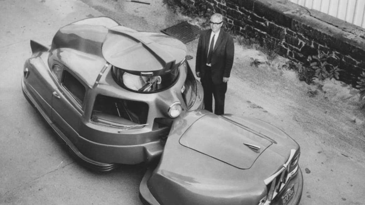 Inventor and designer Walter C. Jerome and his Sir Vival concept car.