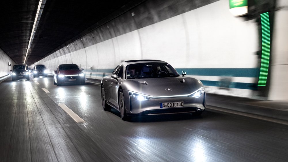 The Mercedes-Benz Vision EQXX concept car being tested.