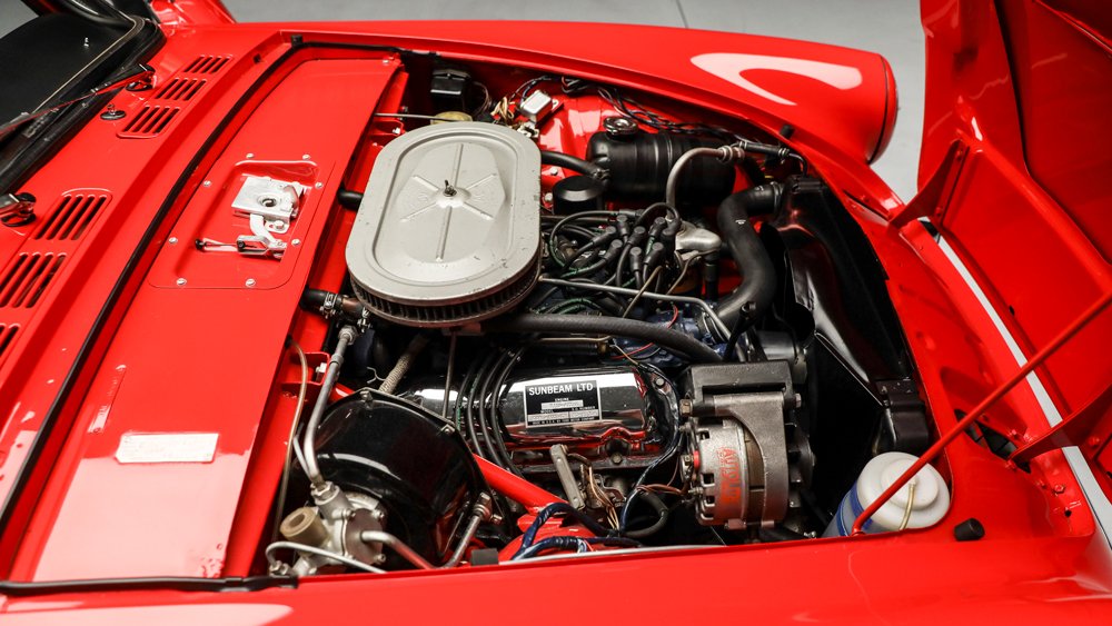 The 4.7-liter V-8 engine inside a 1967 Sunbeam Tiger Mk II sports car.