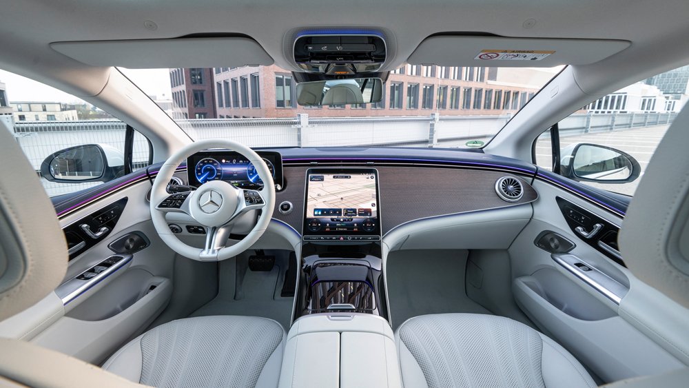 The interior of the Mercedes-Benz EQE 350 electric midsize sedan.