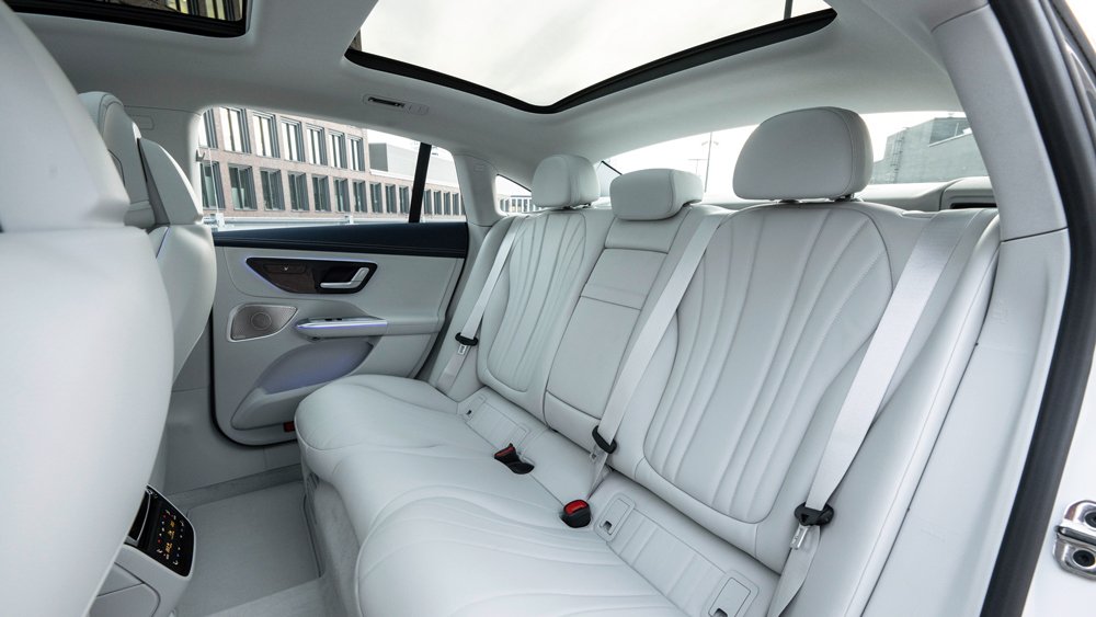 The interior of the Mercedes-Benz EQE 350 electric midsize sedan.