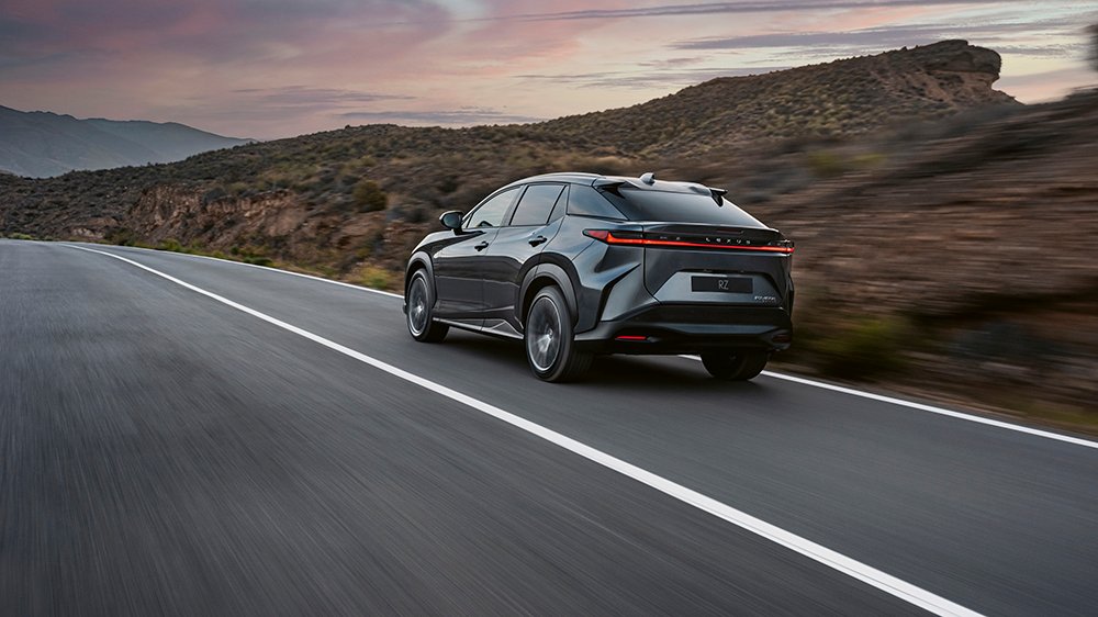 A rear 3/4 view of the 2023 Lexus RZ 450e