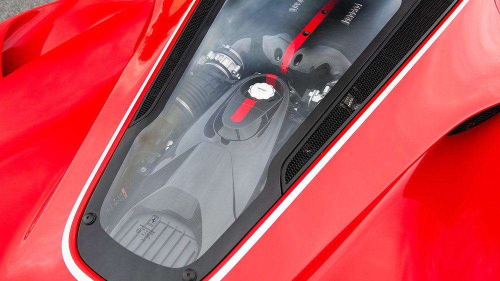 The 2017 Ferrari LaFerrari Aperta's engine bay